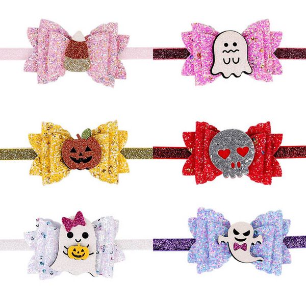 

halloween girls hair accessories baby headbands children kids bow sequin pumpkin hairbands head bands b8213, Slivery;white