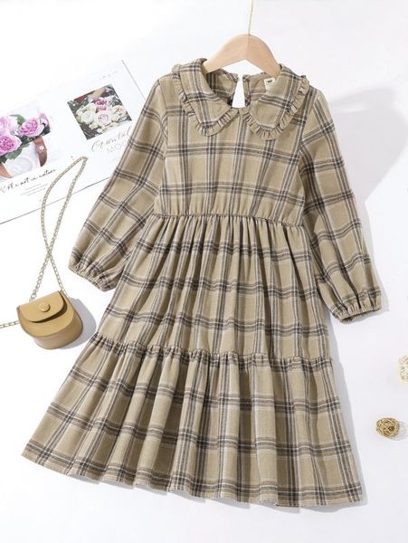 

girls plaid statement collar ruffle hem dress she, Red;yellow