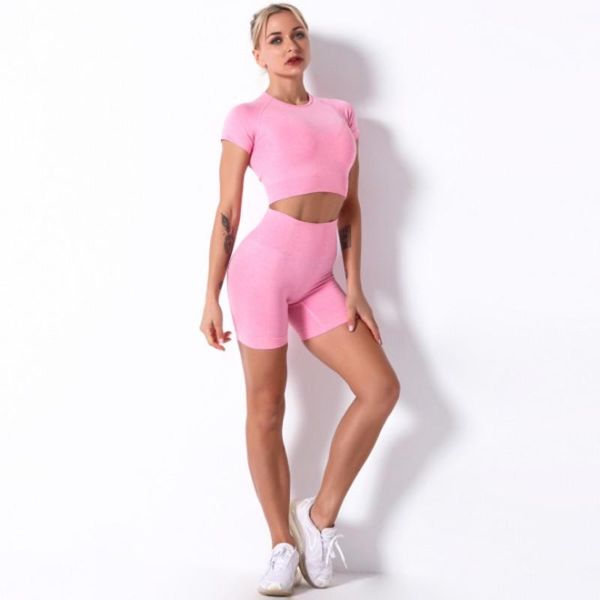 

yoga outfit women's tight-fitting seamless knitting shorts sports high waist hip lift clothes clothing suits workout t-shirt set