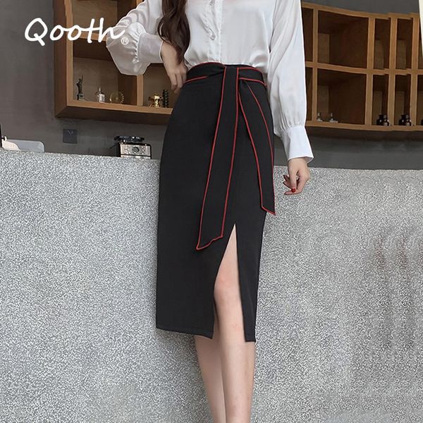 Qooth Office Lady Falda larga negra Volantes irregulares Faldas divididas Verano Otoño Tallas grandes XXL Gasa de cintura alta Elegante QT066 210518