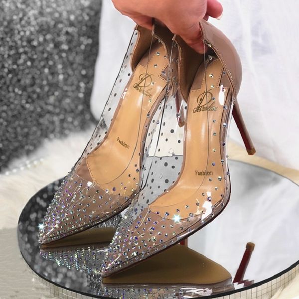 

sandals autumn fashion transparent high heels stiletto pointed rhinestone single shallow mouth crystal wedding shoes, Black