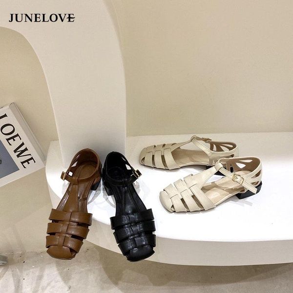 

summer square toe shallow pu leather retro hollow out sandals for women shoes vintage fashion tide beach slippers, Black