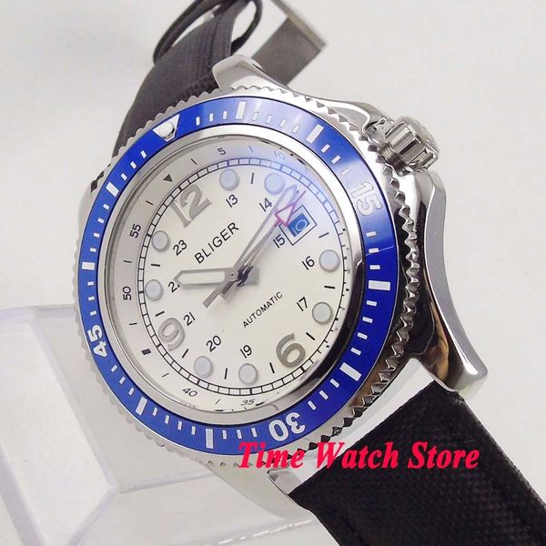 

44mm bliger myota 8215 automatic watch men waterproof black leather band date white ribbon index plate illuminating blue bezel 151, Slivery;brown