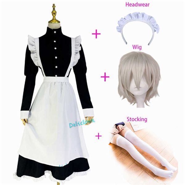 Mulheres homens crossdresser sissy empregada doméstica outfit longo preto branco avental vestido casa uniforme anime halloween cosplay traje wig y0903