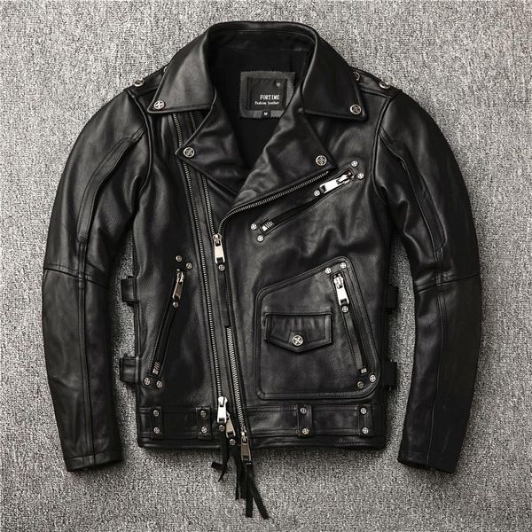 

men's leather & faux punk 2021 rivet motorcycle jacket diagonal zipper moto biker cow coat men slim fit rider male, Black