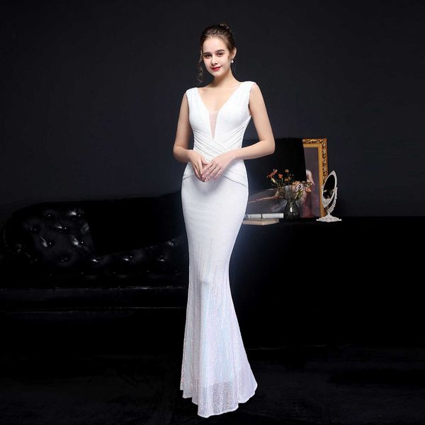 

luxury party evening dress 18589# banquet elegant long sleeved sequin aura queen fishtail evening, White;pink