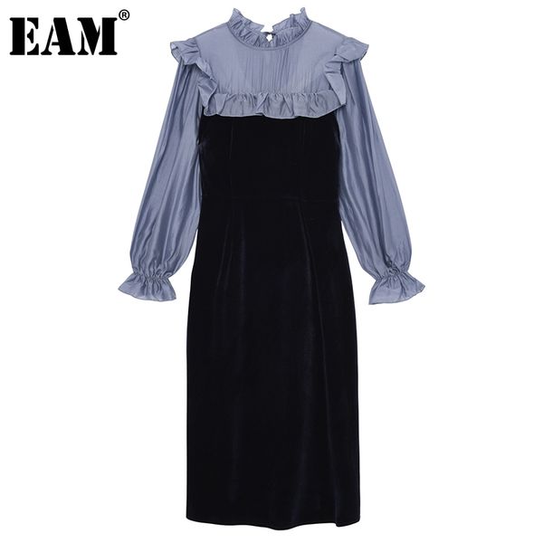 

[eam] women blue spliced casual dress peter pan collar puff sleeve loose fit fashion spring autumn 1dd6912 21512, Black;gray