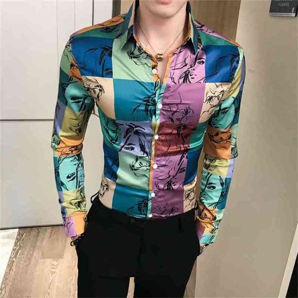 Camicia stampata a reticolo da uomo Night Club Outfit Social Flower s s Manica lunga Slim Fit Abito firmato Autunno 210809