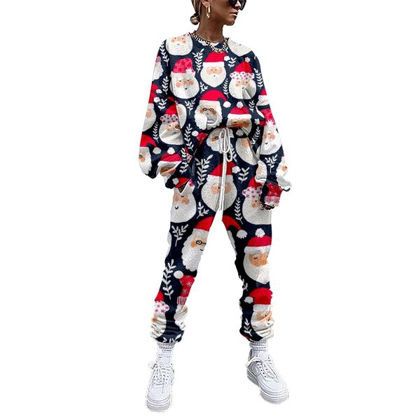 

Christmas Witch pattern women's pants autumn and winter women's sportswear thickened fleece cotton suit 2-piece sweatshirt pants suit, White