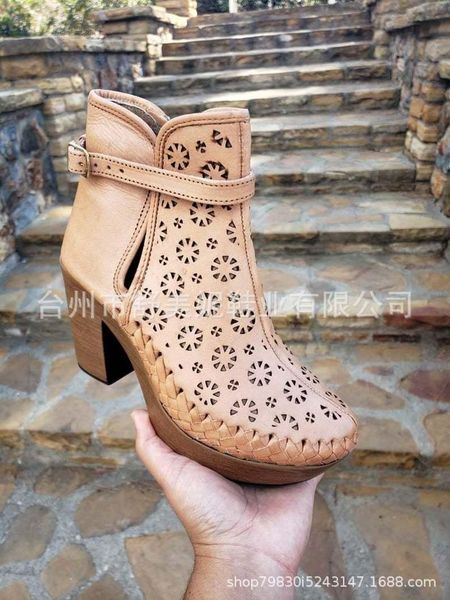 

boots 2021 spring summer hollow sandals genuine retro side zipper mid-heel thick heel short women shoes, Black