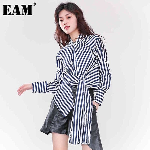

[eam] women blue striped irregular long blouse lapel long sleeve loose fit shirt fashion spring autumn 1dd436505 210512, White