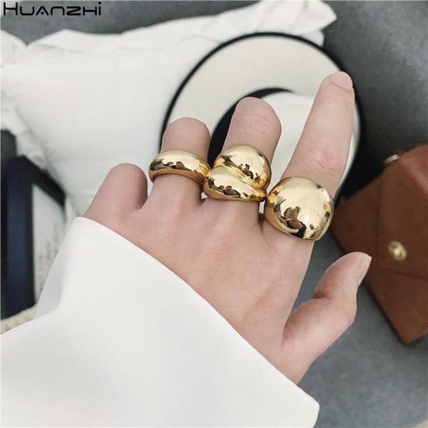 

cluster rings huanzhi 2021 glossy wide version gold color plated exaggerated metal open adjustable ring for women men jewelry, Golden;silver