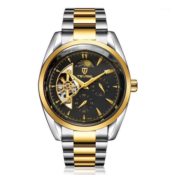 

men watches mechanical watch luxury luminous automatic male clock business moon phase wrist wristwatches, Slivery;brown