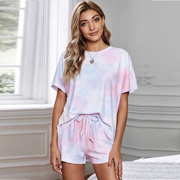 

dyed shiying tie short sleeve pajamas summer 2021 new knitted round neck pullover women's home suit, Black;red