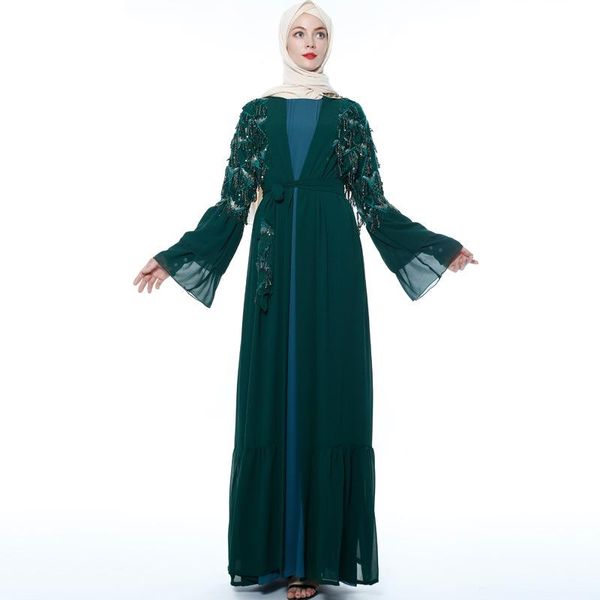 

ethnic clothing fashion plus size carigan dubai shiny islamic robe sequin tassel chiffon long sleeve female muslim open kimono lace up coat, Red