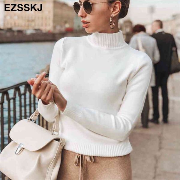 

korean style loose sweater women pullover casual half turtleneck long sleeve knit female jumpers solid basic sweater 210908, White;black