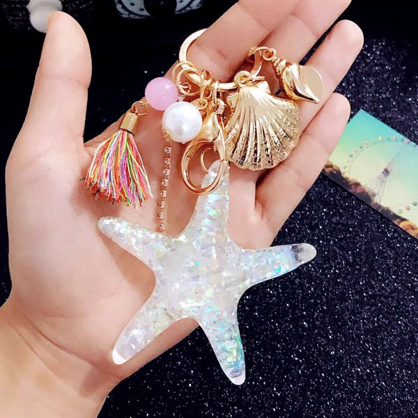 

fancy&fantasy new cartoon sea world starfish pearl shell keychain key chain keyring crystal pendant keychain women gift, Silver