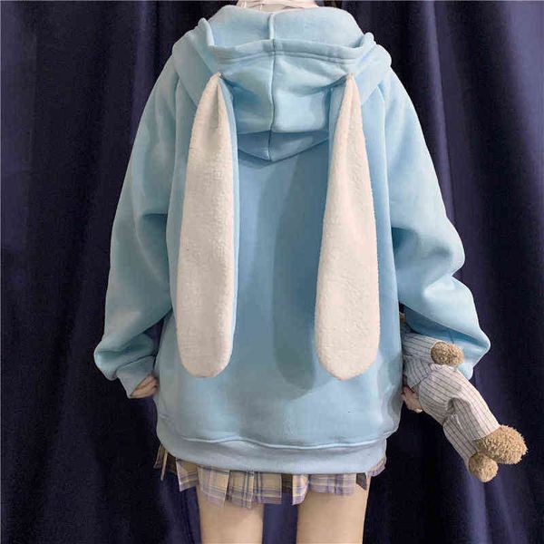 Houzhou estilo coreano mulheres hoodies primavera moda kawaii orelhas de coelho moletom manga longa Bordado solto zip up hoodie 211108