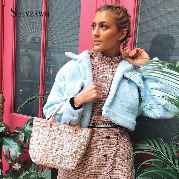 

women's jackets lamb wool winter women teddy fur coat warm trendy furry cropped tweed lady jacket pocket short faux outerwear 2021, Black;brown