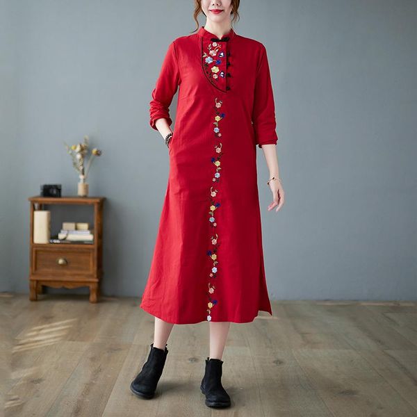 

ethnic clothing red embroidery 4xl long sleeve winter autumn casual qipao traditional chinese vintage modern cheongsam dress for women