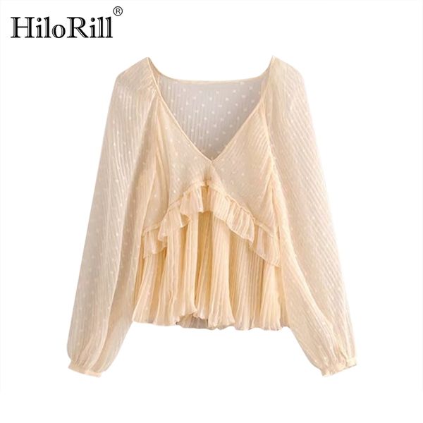 

women dot print ruffles see through blouse casual transparent female long sleeve shirts office lady v neck solid 210508, White