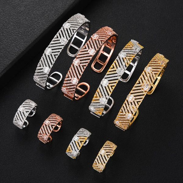 

earrings & necklace kellybola full shiny cz open bangle+ring 2pcs set for women bridal wedding party show charm ladies romantic gift 2021, Silver