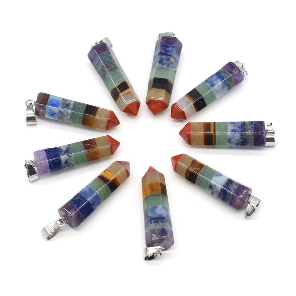 

seven chakra faceted hexagonal prism stone charms rainbow quartz healing reiki crystal pendant finding diy necklaces women jewelry 8x31mm, Bronze;silver