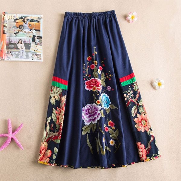 

skirts spring arts style women elastic waist loose a-line long skirt vintage floral embroidery cotton linen skirts v246 0wbu, Black