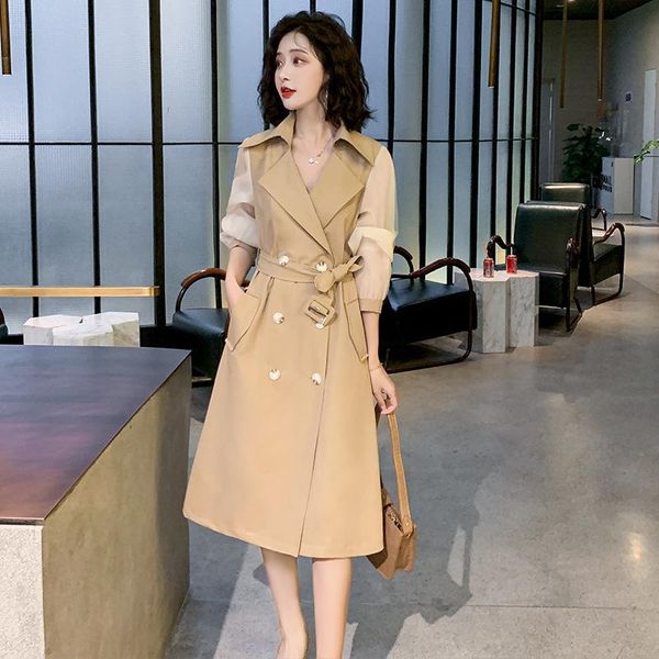 

women's trench coats spring 2021 haoben windbreaker middle long small korean temperament coat, Tan;black