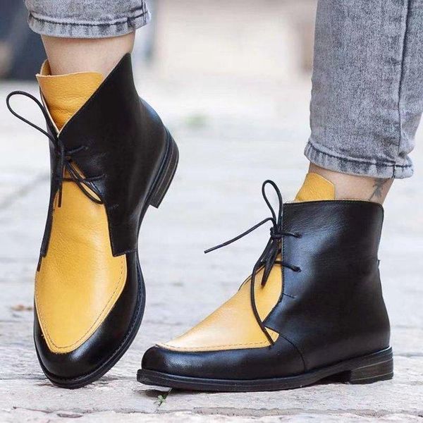 

boots woman vintage low heels women retro pu leather ankle women's lace up ladies shoes female short plus size 43 c611, Black