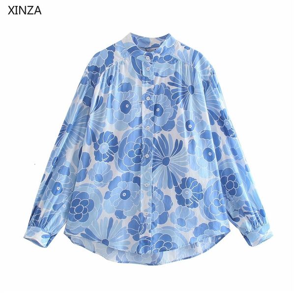 

women's blouses & shirts women blue floral print summer shirt vintage long sleeve asymmetric blouse woman fashion button up loose, White