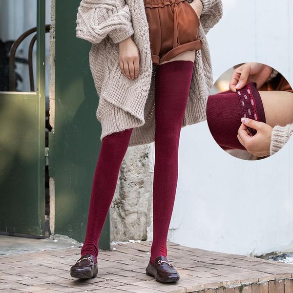 

sports socks women cotton thigh stockings rib cuff anti-slip long female spring athletic wear keep warm black burgundy color