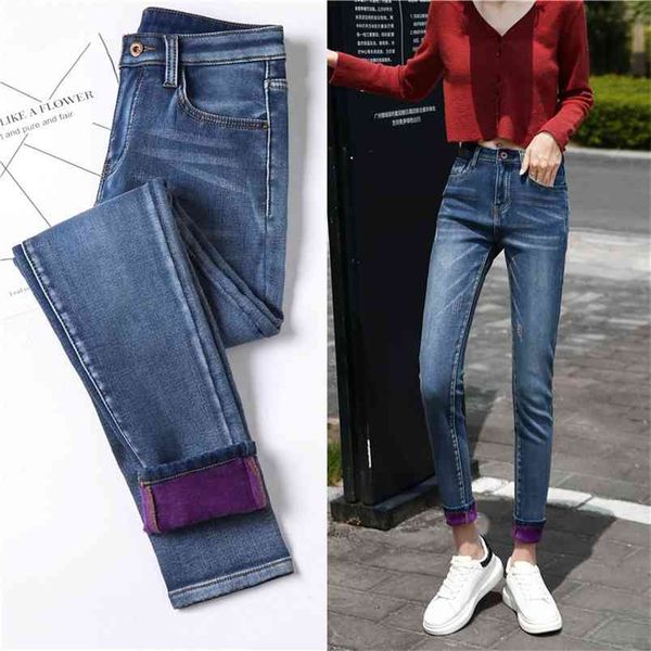 

winter thick women warm skinny jeans simple stretch plus velvet fleece female high waist denim pencil pants size 40 210708, Blue