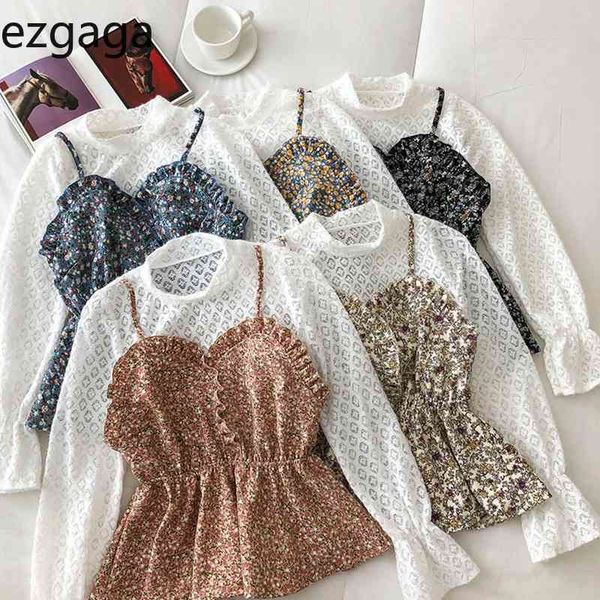

ezgaga patchwork blouse shirts women spring new long sleeve korean sweet floral printed fake two slim waist casual 210430, White