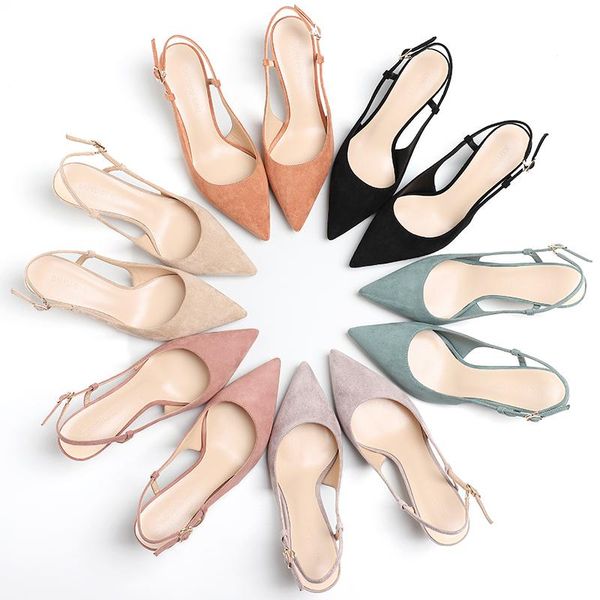 

dress shoes women 2021 spring 6cm thin high heels slingbacks female pointed toe solid flock woman pumps office lady elegant sandals, Black