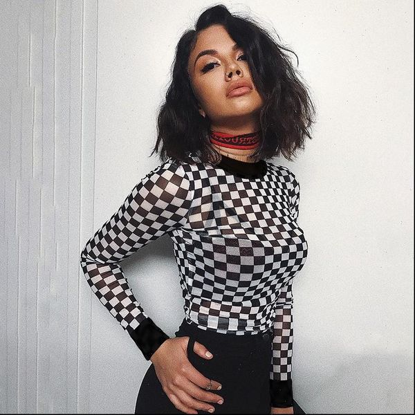 

black white plaid women t shirts checkerboard hollow out slim long sleeve tee