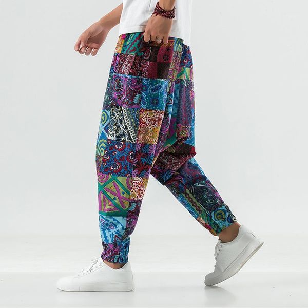

men's pants summer trend chinese style casual hip-hop trousers cotton and linen loose low crotch cross-pants national wind flower, Black