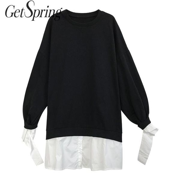 

casual dresses getspring women dress fake two pieces color matching irregular asymmetry loose long autumn 2021 fashion, Black;gray