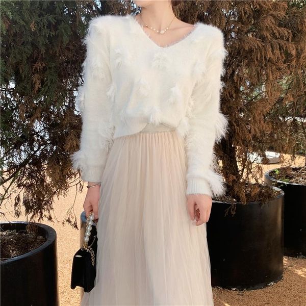 

women's sweaters spring and autumn white loose feather v-neck pullover sweater women + apricot mid-length gauze skirt suit, White;black