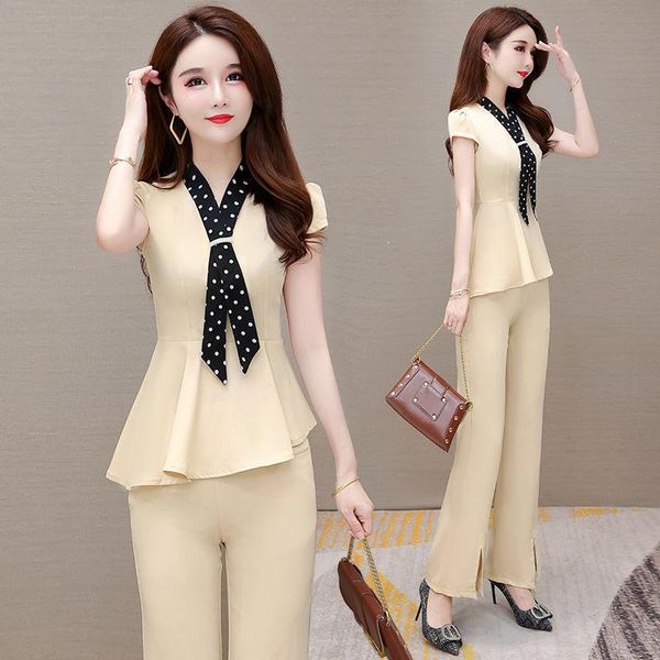 

women's two piece pants summer women fashion 2-piece outfit set short sleeve asymmetric and long for ladies office wear -4xl, White