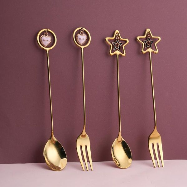 

spoons 304 stainless steel dessert fork with heart star pendant mirror polished mixing stirring drinking ice cream caketea spoon