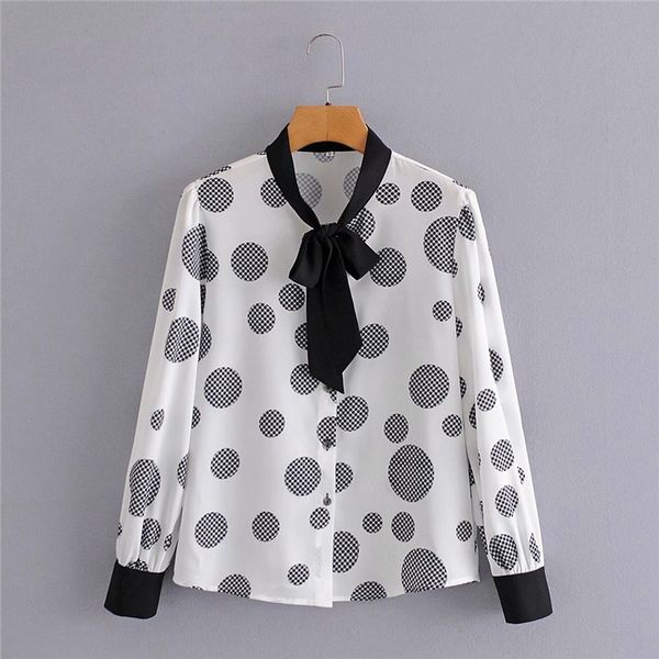 

women's blouses & shirts women elegant bow collar polka dot print za white long female casual sleeve single breasted loose ch