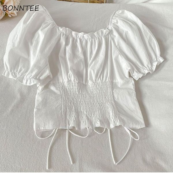 

women's blouses & shirts women summer o-neck elegant fashion mujer folds puff sleeve plus size -4xl daily korean style leisure simple, White