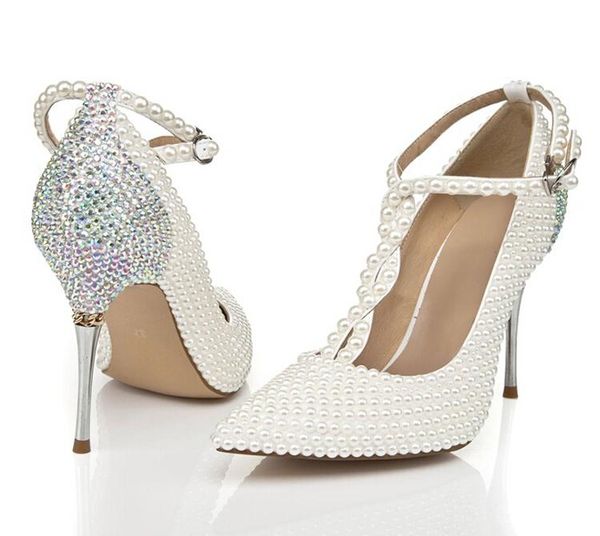 Scarpe eleganti 2021 Punta a punta Tacchi a spillo T-strap formale Matrimonio avorio con strass Club Pumps