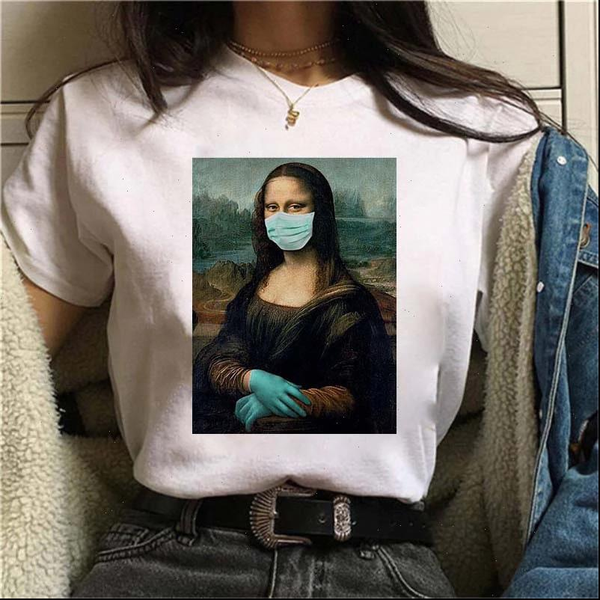 

women t shirt mona lisa mask print summer short sleeve tee o neck kawaii tshirt female streetwear harajuku fashion clothes, White