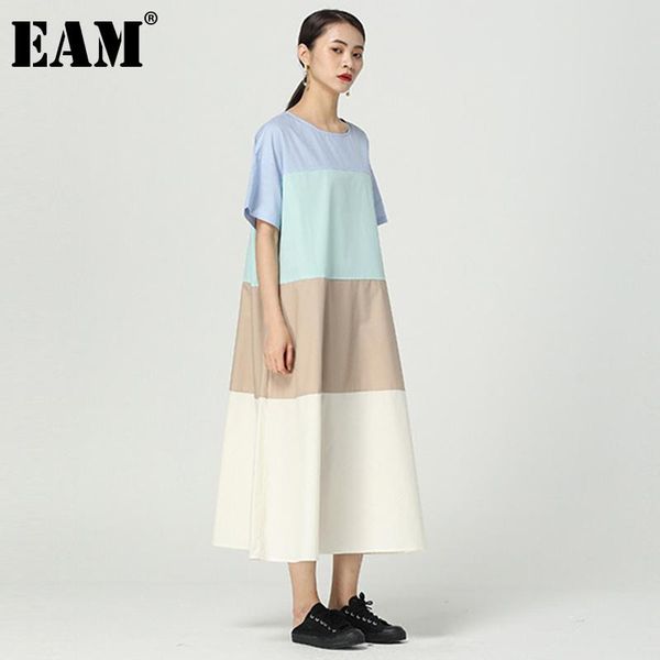 

casual dresses [eam] women blue contrast color big size dress round neck short sleeve loose fit fashion tide spring summer 2021 1dd9685, Black;gray