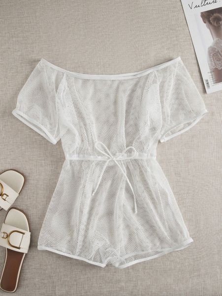 

fishnet drawstring cover up romper s3fu#, White;black