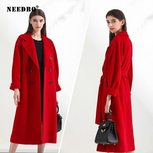 

women's wool & blends mid length coat elegant solid overcoat autumn winter 2021 long double breasted high street women turn-down collar, Black