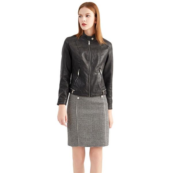 

women's leather & faux vintage coat women 2021 autumn winter water wash plus velvet long sleeve stand collar pu jacket ld1266, Black