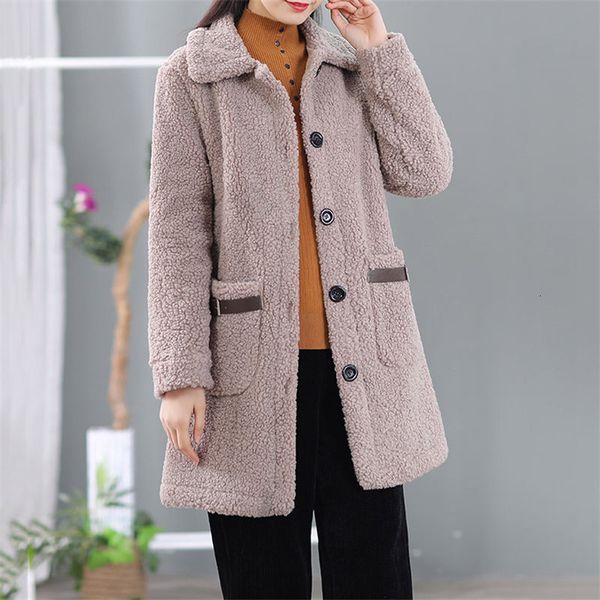 

leather porto plus velvet thick wool of medium-length lamb outerwear winter loose lapel cotton female coat only breasted long jacket y1313 f, Black